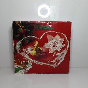 Mikasa Crystal Dish/Plate Poinsettia Heart Shaped 10" x 9" Christmas